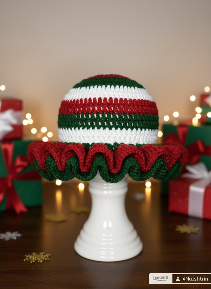 Handmade Crochet Adult Christmas Ruffle Hats- Adult Christmas Ruffle Hat