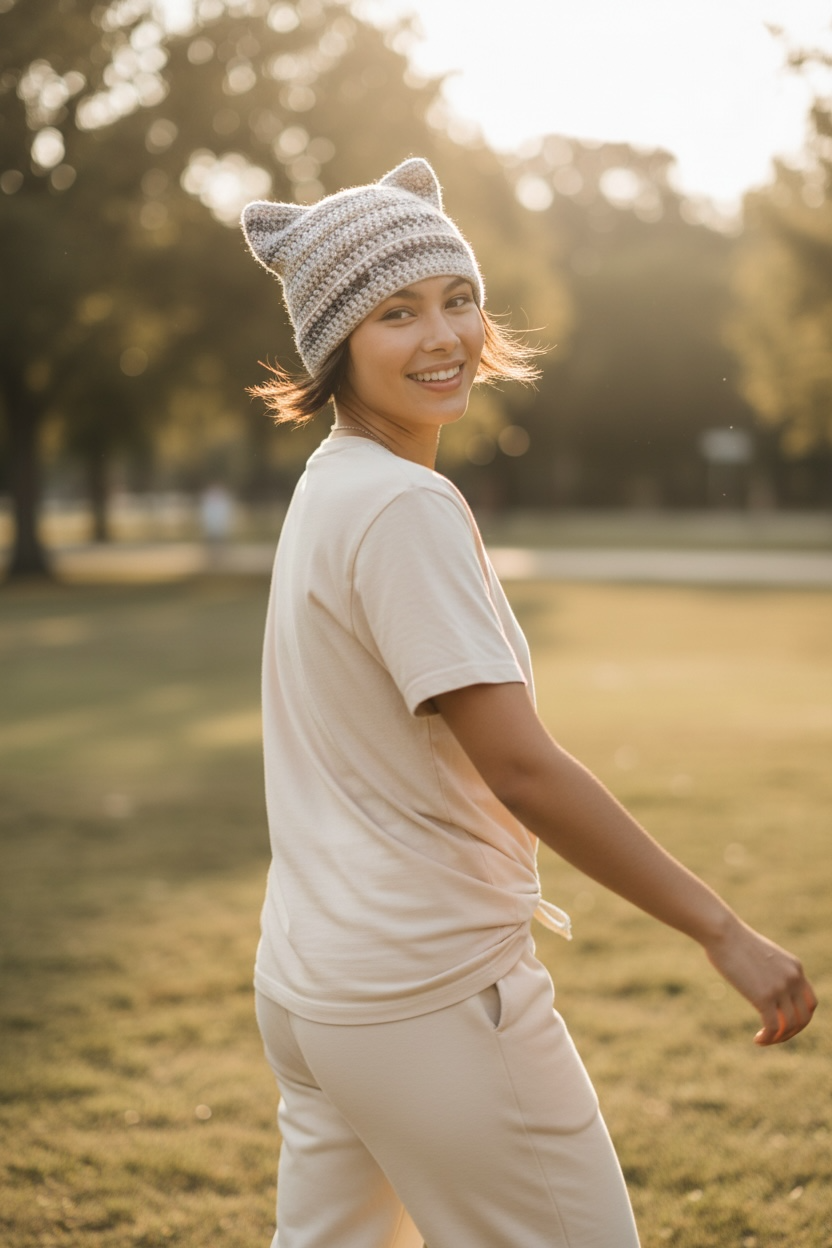 Handmade Crochet Cat Ear Beanie - Cute Kitten Hat for Women & Teens