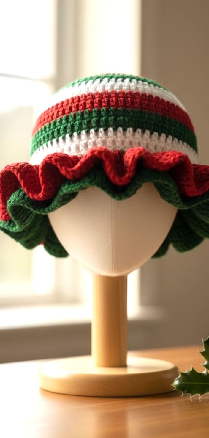 Handmade Crochet Adult Christmas Ruffle Hats- Adult Christmas Ruffle Hat